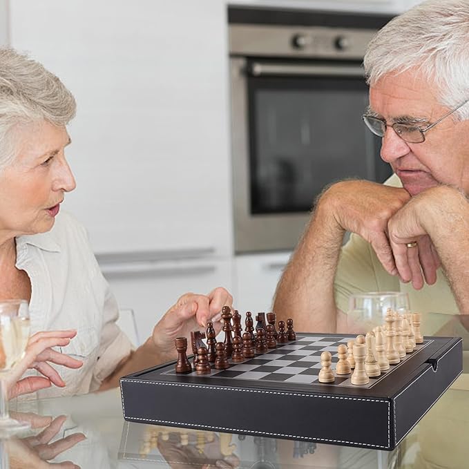 GSE Games & Sports Expert 12.5" Premium Leather 3-in-1 Chess, Checker and Backgammon Board Game Combo Set, Classic Board Strategy Game for Kids & Adults