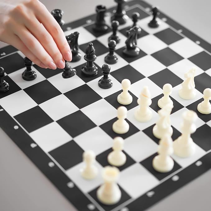 15 Inch Silicone Chess Board with Black Borders - Foldable, Spill-Proof, Stain-Resistant, Roll-Up Travel Chess Board for Adults and Kids - Portable, Durable, Easy to Clean, for Home, School or Travel