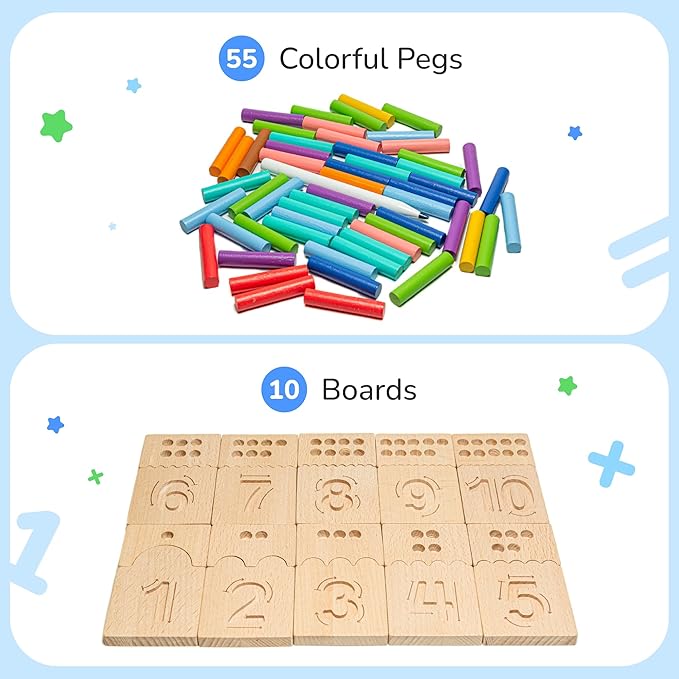 Bimi Boo Counting Peg Boards and Number Tracing for Kids - Wooden Montessori Math Toy for Toddlers and Preschoolers - Math Manipulatives for Kindergarten (55 Pegs, 10 Boards, 1 Pen)