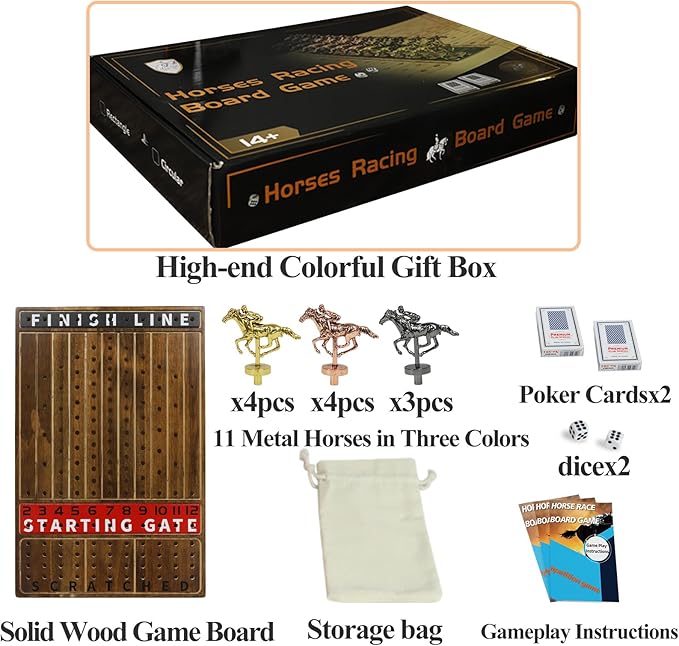 HOROW Horse Racing Game - Wooden Horse Race Board Game with 11 Luxury Metal Horses 2 Dice and 2 Cards,Fast-Paced Strategic for Family Night and Party - Perfect Birthday&Holiday Gifts