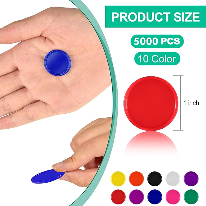 Coopay 5000 Pieces 1 Inch Bingo Chips Bulk, 10 Colors Bingo Markers for Math Practice, Plastic Learning Counters Disks Counting Discs and Poker Chips Game Tokens Kids Reward