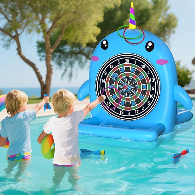 Swimming Pool Toys, 2-in-1 Inflatable Floating Dart Board Water Game, Darts Hoop Rings Outdoor Pool Games, Beach Yard Indoor Playset, Summer Family Party Birthday Gift for Kids Teen and Adults