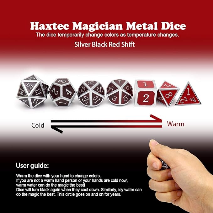 Haxtec Temperature Metal DND Dice Set Color Changing Polyhedral D&D Dice Set for RPG Dungeons and Dragons-Silver Black Red Shift