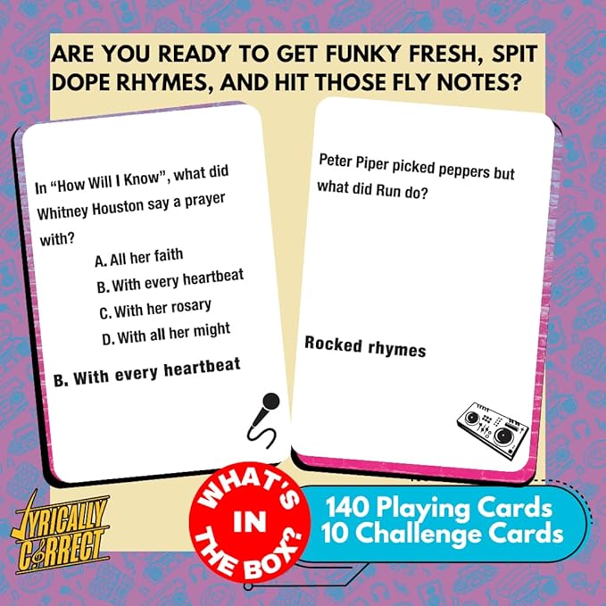 Lyrically Correct 80’s Mixtape Hip Hop, R&B, Funk & Pop Music Trivia Card Game for Friends, Fun Party Game for Adults, Family Gatherings, Finish The Lyrics Challenge, and 80s Music