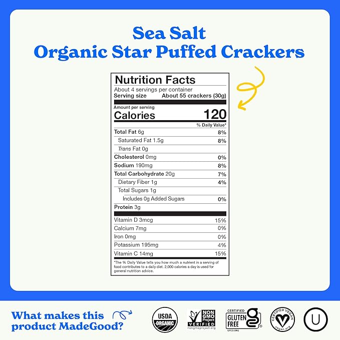 MadeGood Star Puffed Crackers, Sea Salt, 6 Bags (4.26oz Each) Gluten Free and Organic, Healthy Snacks
