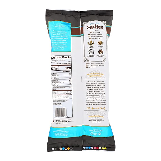 Unique Snacks Extra Salt Splits Pretzels, Original Split-Open Pretzels, Delicious Homestyle Baked Snack Bag, OU Kosher, and Non-GMO Food, No Artificial Flavor, 11 Oz. Bag, Pack of 9
