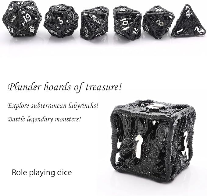 HAOMEJA Dice Hollow DND Dragon Metal Dice Set 7 Role Playing Dice D&D Dungeons and Dragons Dice (Black)