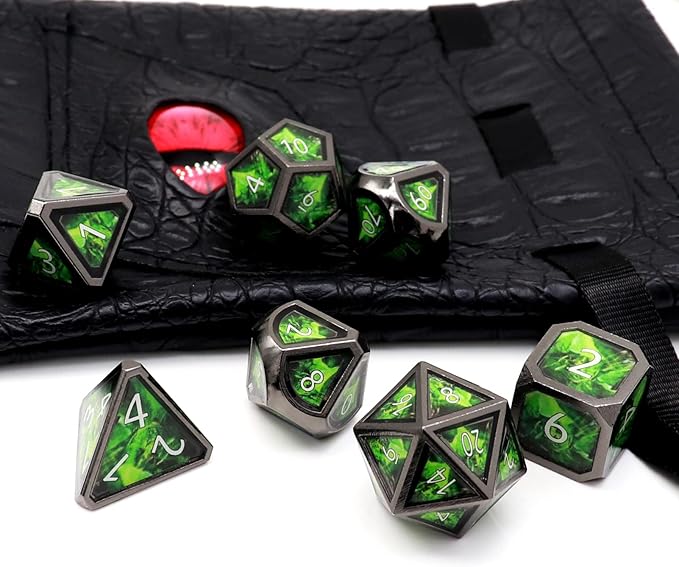 Haxtec Metal Dice Set D&D Acid Splash Real Scene Black Green Polyhedral DND Dice W/PU Leather Dragon Eye Dice Bag for TTRPG Dungeons and Dragons Gifts