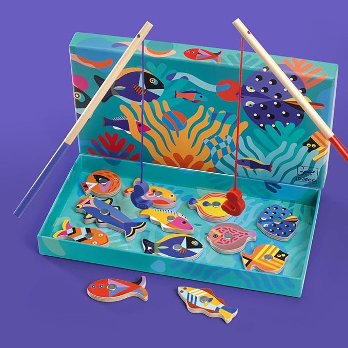 DJECO Fishing Graphic Magnetic Fishing Game - Catch Colorful Sea Creatures - Fun & Engaging for Family & Friends, Perfect for Gift - Wooden Toy for Children 2+ Years Girls & Boys