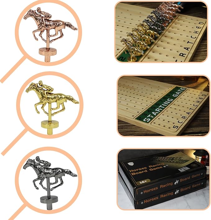 HOROW 2 Pack Metal Horse Racing Board Game Card Board Game Finish Line Luxury Edition Solid Wood Race Game Board 11 Batches of Metal Model Horses 2 Sets of Dice and 2 Boxes of Cards (Log)…