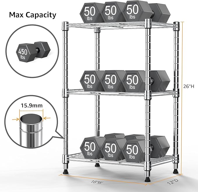 450 lbs Wire Storage Shelving 3-Tier Utility Shelving Unit Steel Organizer Wire Rack for Home,Kitchen,Office,Chrome(11.8" D x 17.7" W x 26.3" H)