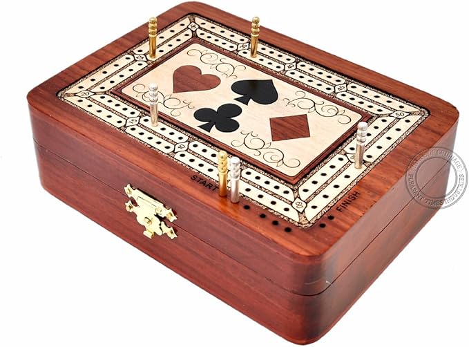 2 Track - Wooden Cribbage Board/Box - Inlaid in Bloodwood/Maple Wood - Storage for Pegs & One Deck of Cards - 60 Points - Non Continuous