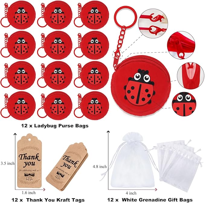 36 Pack Ladybug Change Purses Set Include 12 Ladybug Wallets with Keyrings, 12 Thank You Tags and 12 Organza Bags for Ladybug 1st Birthday Baby Shower Birthday Party Decoration,Red