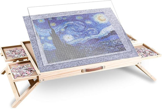 1500 Piece Jigsaw Puzzle Table with Drawers - 34” X 25” - Wooden Puzzle Table with Cover | 3-Tilting-Angle Adjustable & 4 Drawers - Portable and Felted Anti-Slip Surface