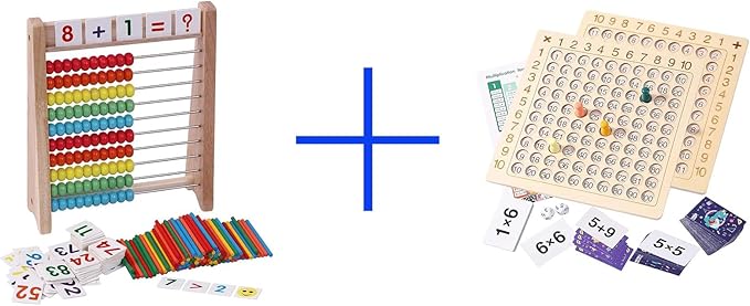Wooden Abacus for Kids Math with 100 Counting Sticks and Number Toys Cards 1-100 and 2 in 1 Multiplication Addition Math Board Game for Kids - Wooden Montessori Math Toys for Girls Boys