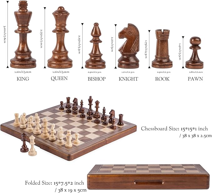 15 Inches Magnetic Wooden Chess Set, Portable Travel Chess with Magnetic Lock, Handmade 3 Inches King Height Knight Staunton Chess Pieces with 2 Extra Queen, Folding Chess Board for Adults
