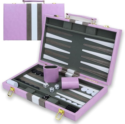 Backgammon Sets for Adults, 15 inch Backgammon Brown Sets Classic Board Game with Premium Leather Case, Portable Travels Strategy Backgammon Game Set for Adults, Kids (Purple)