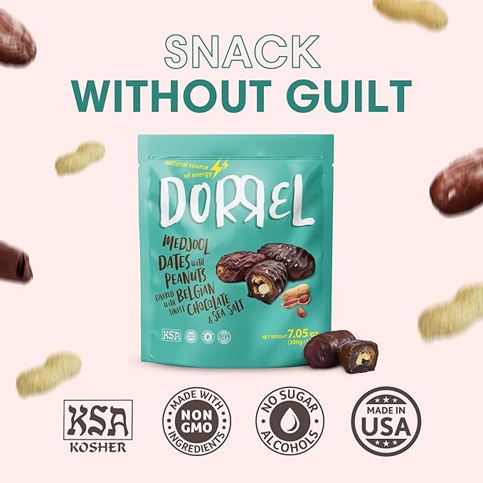 DORREL - Belgian Dark Chocolate Covered Dates (Medjool) with Salted Peanuts Stuffing, High Energy Vegan Choco Snack, Delicious, Kosher & Non-GMO, Pack of 1 Stuffed Chocolate Dates, 7.05 oz / 200 g Ea