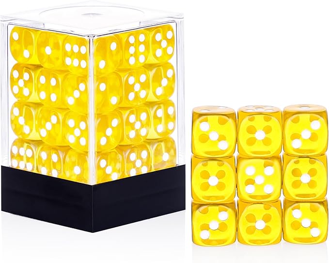 36 Pieces 12mm 6 Sided Mini Dice Set,Translucent Colors D6 Game Dice Set,6 Sided Standard Game Dice for Board Games Dice Games Classroom Teaching Dices Game,with Portable Gaming Box(Yellow)