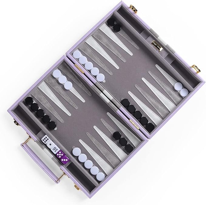 Travel Small 11 Inch Backgammon Set Classic Board Game with Leather Make Board Gift Package, Portable Strategy Game Set for Adults, Kids (Purple, Small)