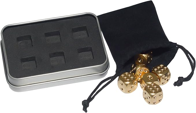 Metal Dice Set 6pcs, Solid Brass Dice with Gift Metal Case and Portable Bag, 6 Sided Metal Dice for Tables Board Game, Poker Party Role Playing Games