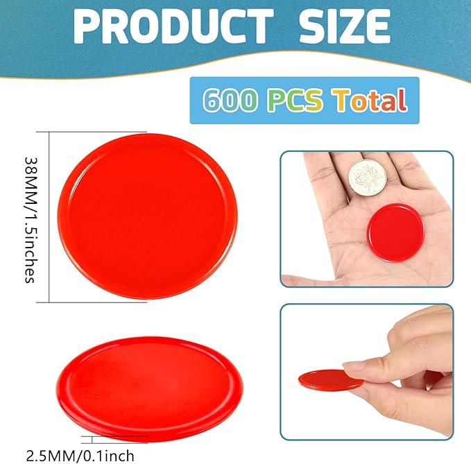 Coopay 600 Pieces Plastic Poker Chips Learning Counters Disks Bingo Chip Counting Discs Markers for Math Practice and Poker Card Game Tokens, Teaching Rewards, 38 mm/ 1.5 Inches (Red)