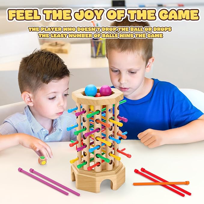 Montessori Wooden Board Game for Kids 3-6 Years - Educational Learning Toy with Colorful Sticks, Dice& Balls - Fine Motor Skills, Classic Tower Games for Family Night - Gift for Toddlers Boys Girls