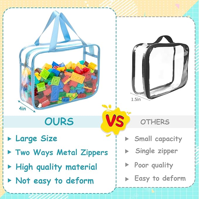 8 Packs 8 Colors Large Toy Storage Bags with Zipper and Labels, Clear PVC Waterproof Toy Organizers Bags for Board Games, Puzzles Pieces, Building Blocks, Handmade Accessories, Kid Books