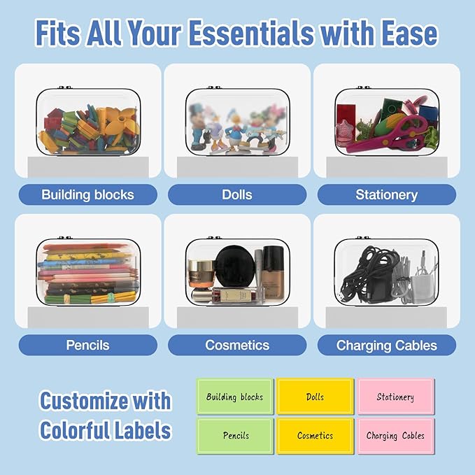 4 Pcs Storage Bins Clear Hard Shell Zipper Case Multi-Purpose Transparent Storage for Home & Office | Durable & Stylish Clear Case with Colorful Label Stickers