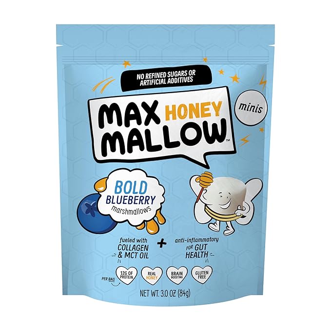 Max Mallow Bold Blueberry Mini HONEY Marshmallows – Gut Friendly, Gluten Free, No Refined Sugars, Real Wildflower Honey, Collagen-Infused Snack (3 Pack, Bold Blueberry)