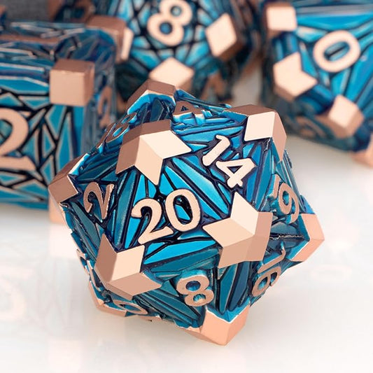 7PCS Metal DND Dice Set with Box, Debris RPG Copper Blue D and D Dice for use with D&D Tabletop Games Role Playing Game Polyhedral Dice Set D20 D12 D10 D8 D6 D4