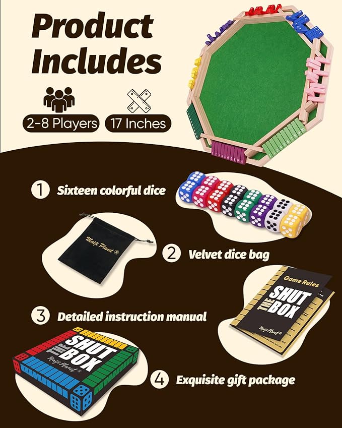 Upgraded Shut The Box for 2 8 Player Math Family Game Night Quick Dice Game for Party Camp Bar Travel Class School Wooden Classic Table Top Board Game for Adult and Kid Group Elder 17"