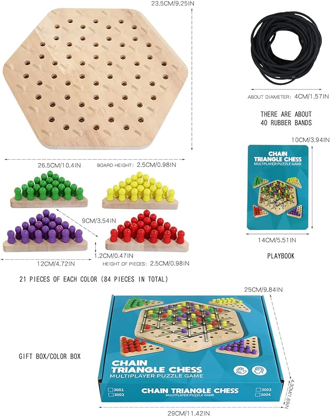 Chain Triangle Chess Game Wooden, Triggle Game for Kids and Adults, Multiplayer Puzzle Game, 2 to 4 Players