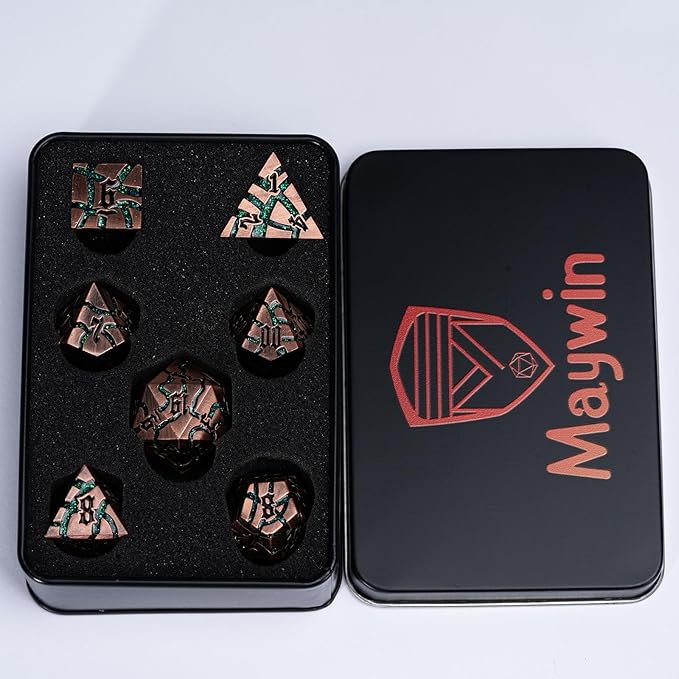 Dice Set D&D Dungeons and Dragons Dice D20 Metal DND Dice Set with Box, Polyhedral Role Playing Dice D12 D10 D% D8 D6 D4 for MTG RPG Board Games(Antique Copper Green)