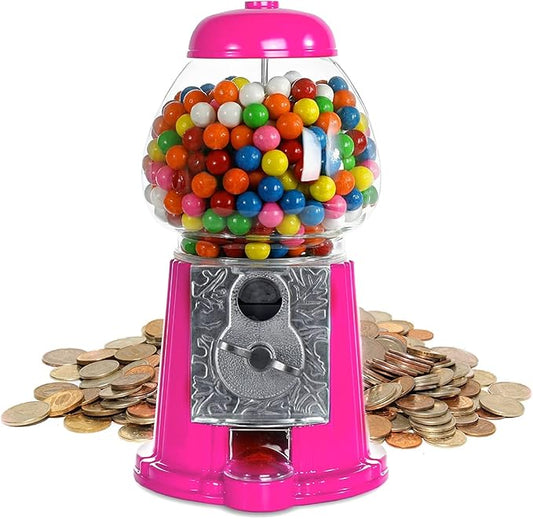 Gumball Machine for Kids 12" - Heavy Duty Metal with Glass - Christmas Antique Style Bubble Gum Machine - Kids Coin Operated Toy Bank for USA Coins - Candy Dispenser - Playo (Pink)