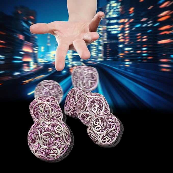 DND Dice,Hollow D&D Metal Dice,Unique Round Ball Design Octopus Dice with Gift Box for Dungeons & Dragon Gaming,7 PCs Steampunk Polyhedral D and D Dic(Octopus Purple)