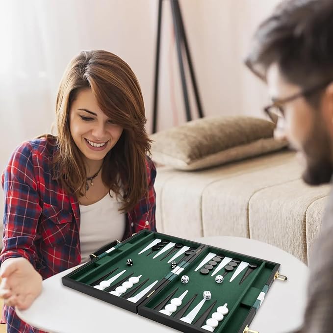 Backgammon Set - Classic Board Game with Premium Leather Case - Portable Travel Strategy Backgammon Game Set for Adults, Kids - Suitable as (15inch, Black)