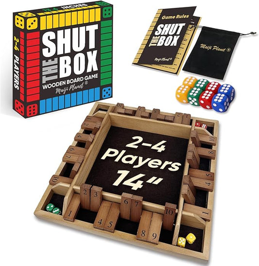 14" Dulexe Upgraded Shut The Box for 2 4 Players Math Family Game Night Quick Dice Game for Party Camp Bar Travel Class School Wooden Table Top Board Game for Adults Kids Couple Elder
