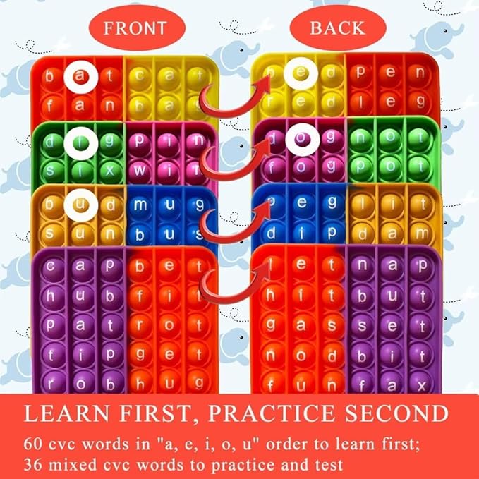 Word Poppers CVC Word Games, Sight Words Fidgety Board Phonics Reading Spelling, Kindergarten Learning Activity, Montessori Sensory Educational Toy for Kids, Preschool Classroom Must Haves