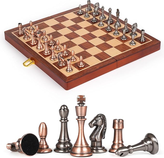 12-Inch Metal Chess Set Pieces – Wooden Chess Board Set Folding Travel Chess Sets,Metal Bronze & Silver Chessmen, Bonus 2 Extra Queens, Portable and Durable Classic Chess Game for Kids and Adults