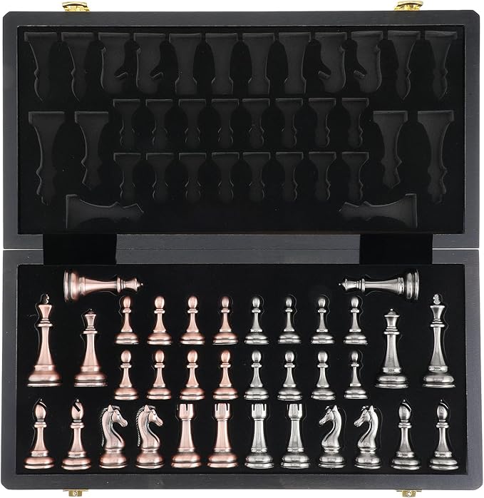 15-Inch Large Metal Chess Set for Adults and Kids with Metal Chess Pieces – Foldable Wooden Board with Storage, Portable Classic Game Set for Travel & Home, Elegant Gift for Chess Enthusiasts