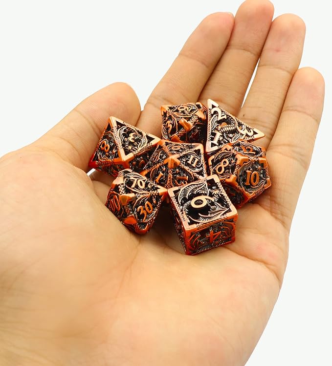 Metal DND Dice Set Dungeons and Dragon Dice Set Hollow Dragon Polyhedral Magic 7 PCS Dice Set with Gift Metal Box for Dungeons and Dragons Table Games Play Cards MTG(Dragon_Ancient Red Copper)