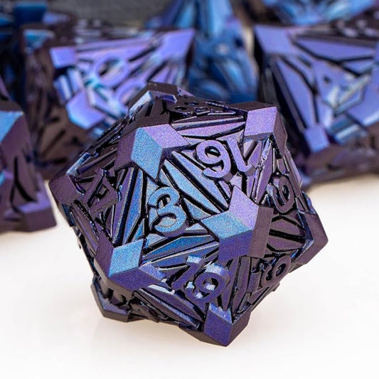 7PCS Metal DND Dice Set with Box, Debris RPG Blue Purple D and D Dice for use with D&D Tabletop Games Role Playing Game Polyhedral Dice Set D20 D12 D10 D8 D6 D4