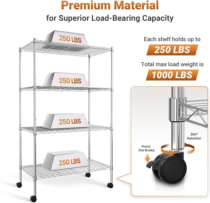 YSSOA Heavy Duty 4-Tier Shelving with Wheels, 35.43" D x 17.72" W x 61.02" H Adjustable Steel Organizer Wire Rack 1400 Lb Capacity, Chrome