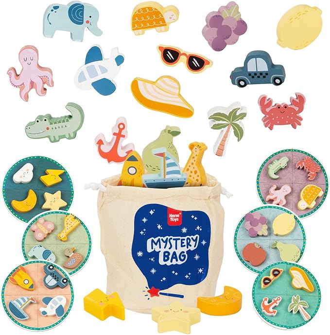 Nene Toys Touch and Match Bingo Game - Educational Sensory Toy for Kids Aged 3+ | Board Game with 24 Wooden Shapes & Puzzle Cards for Family Fun | Develops Fine Motor Skills & Tactile Awareness