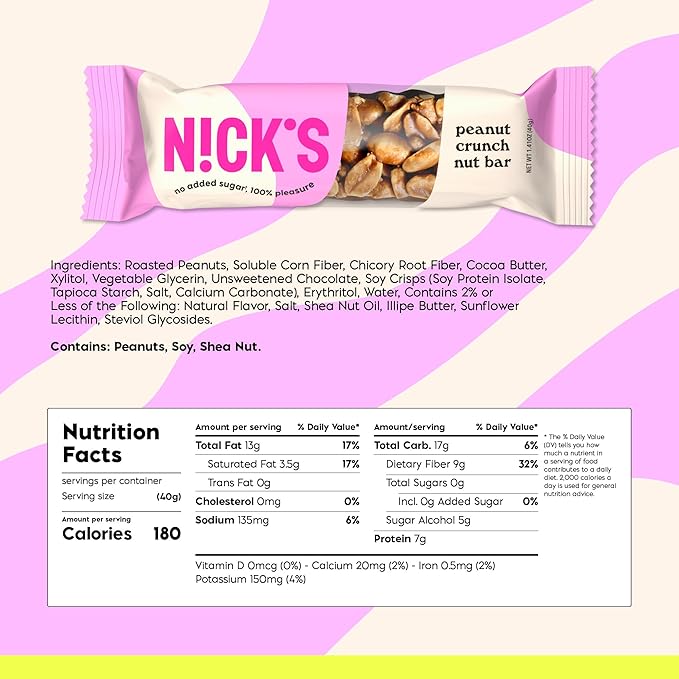 NICK'S Peanut Chocolate Snack Bar, Keto Nut Snack for Sports, Hiking & Outdoor Activities, 1G sugar, 3G net carbs, healthy snack bar (pack of 12)