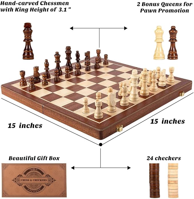 AMEROUS 15 Inches Magnetic Wooden Chess & Checkers Set (2 in 1) - Folding Board -Gift Box Packed -24 Cherkers Pieces -2 Extra Queens, Beginner Chess Set for Kids and Adults