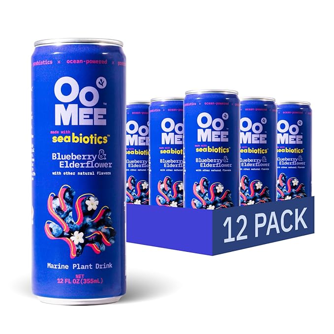 OoMee Prebiotic Drink | Blueberry & Elderflower | Plant-Based Vegan Beverage with Marine-Sourced Agar Prebiotics (Seabiotics) for Digestive & Gut Health Functional Drink – 12oz Cans, 12-Pack