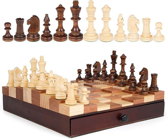 3D Wooden Chess Set with Storage Drawer – 12" Wooden Chess Board & Pieces, Travel Chess Set with Wooden Pieces, Classic Strategy Board Game for Adults Family for Beginners & Pros