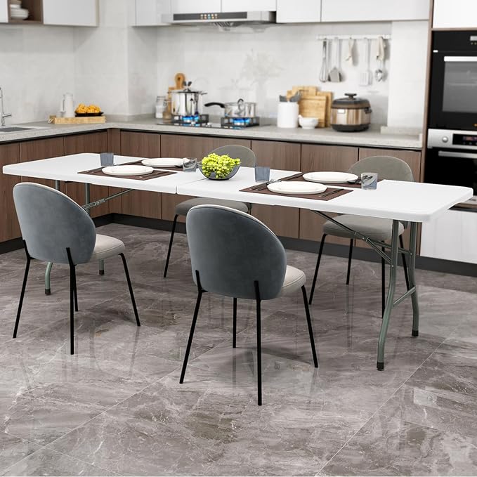 Goplus 8ft Plastic Folding Table, 350 LBS Outdoor Heavy Duty Folding Tables with HDPE Tabletop, Handle, Lock, Foldable Rectangle Portable Utility Card Table for Picnic, Party, Camping, Dining